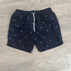 Navy Sailboat Print Swim Shorts